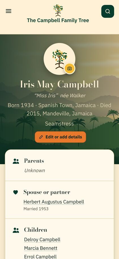 A family member's page on a phone, showing their name, birthplace, partner and children.